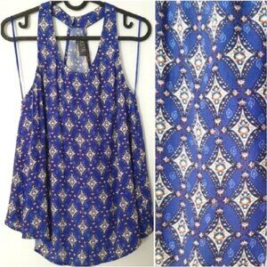 ASTR Anthropologie Split Back Scoop Neck Blue Patterned Tank Top Sz XS